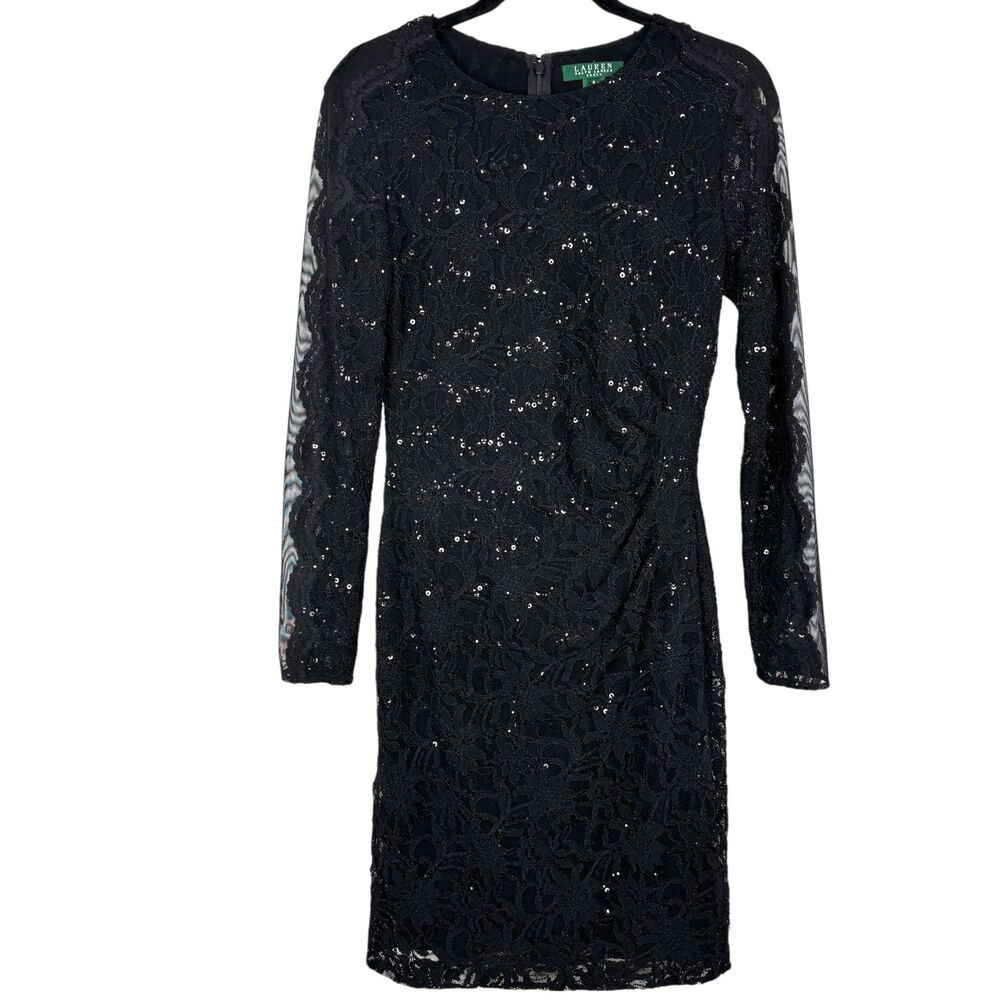 Ralph Lauren Black Floral Lace Sequin Ruched Cocktail Dress 8